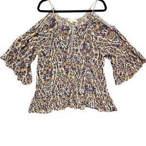 Umgee + Cold Shoulder Flowy Bell Sleeve Paisley Print‎ Boho Blouse 2XL